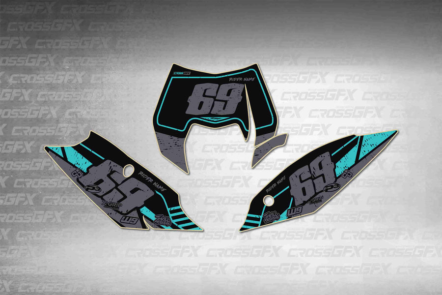 Graphics for KTM XC-W 2012-2013 - Omega Teal number plate decals - flat layout showing all pieces included