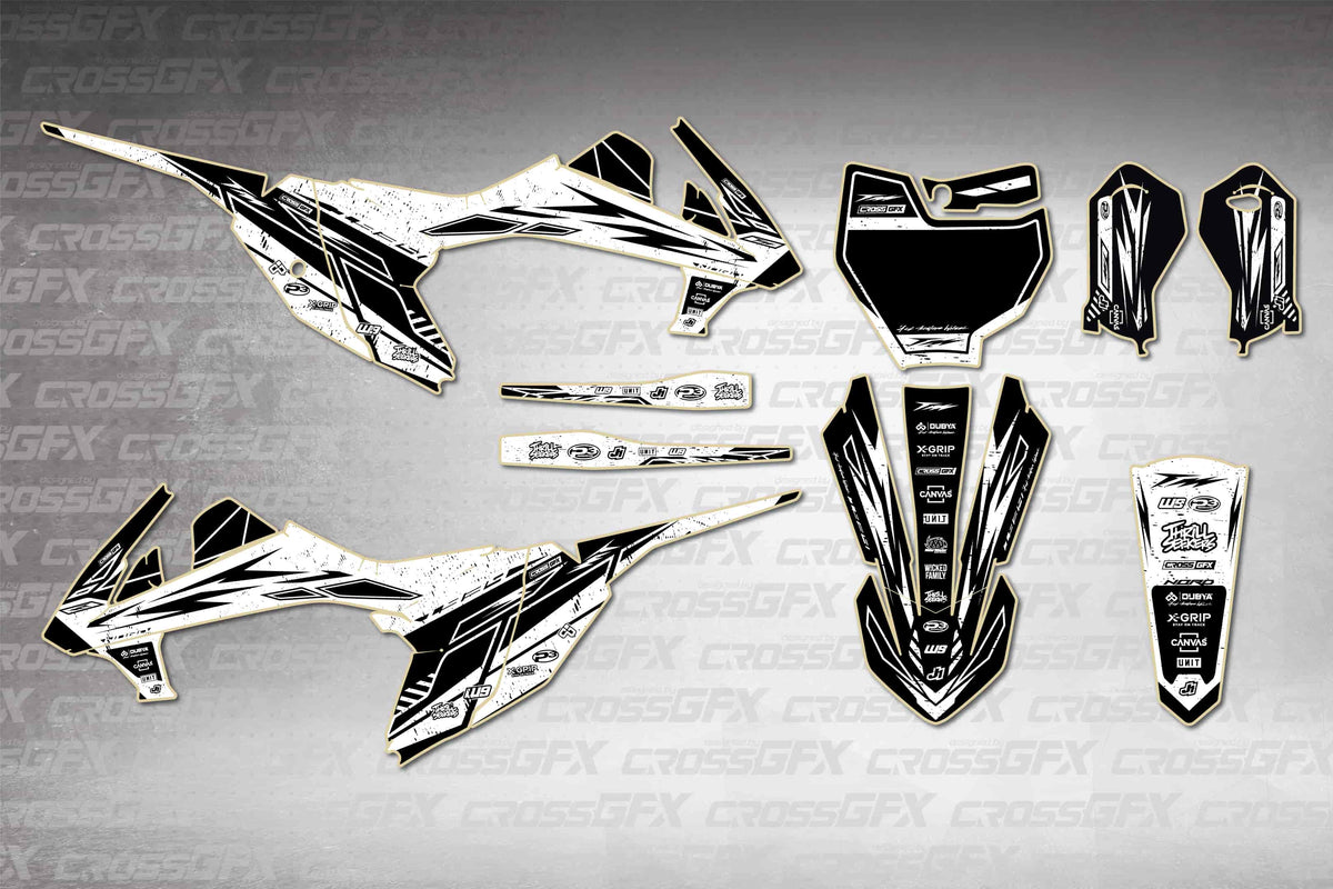 Graphics for KTM 65 SX 2019-2023 - Omega White - flat layout showing all decal pieces included