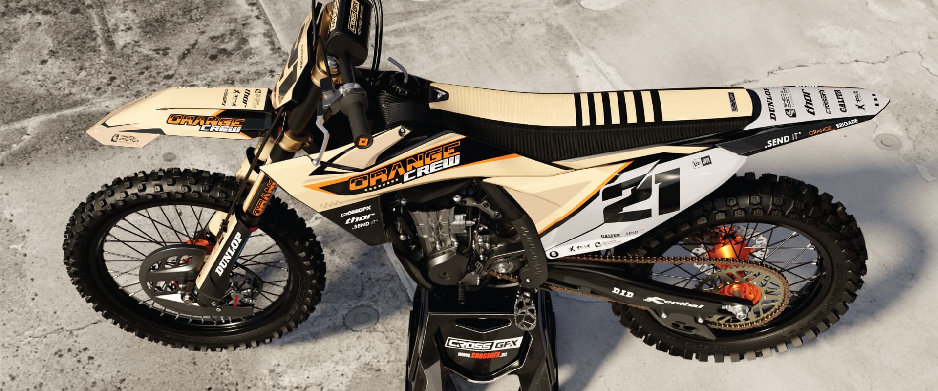 Homepage banner showcasing the Orange Crew custom motocross graphics kit for dirt bikes with free personalization.