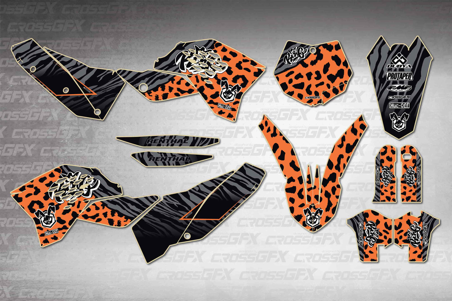 KTM SX 2007-2010 Panther Orange graphics kit - flat layout showing all decal pieces included