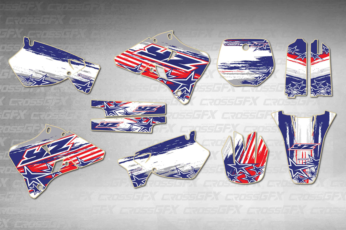 Graphics for Yamaha YZ 250 1996-1999 - Patriot - flat layout showing all decal pieces included