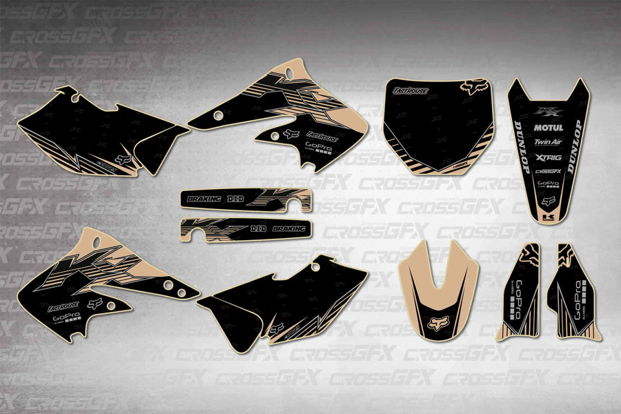 Graphics for Kawasaki KX 250F 2004-2005 - Peak Brown - flat layout showing all decal pieces included