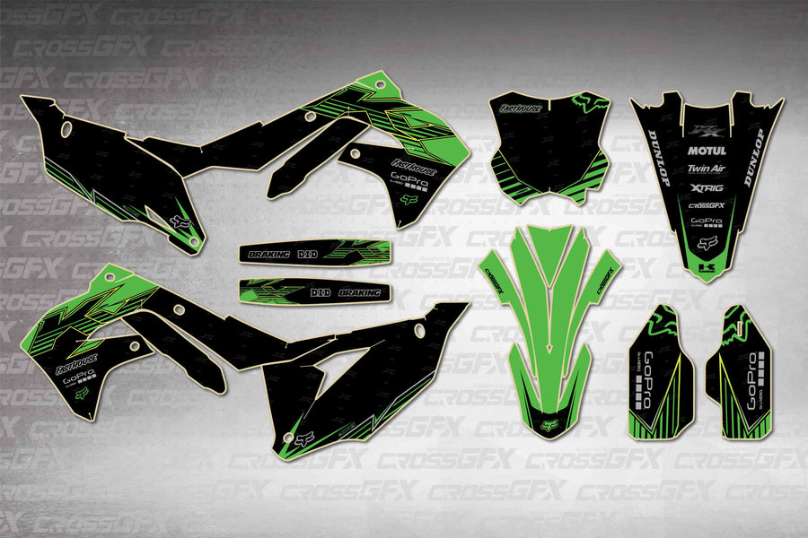 Graphics for Kawasaki KX 250 2021-2024 - Peak Green - flat layout showing all decal pieces included