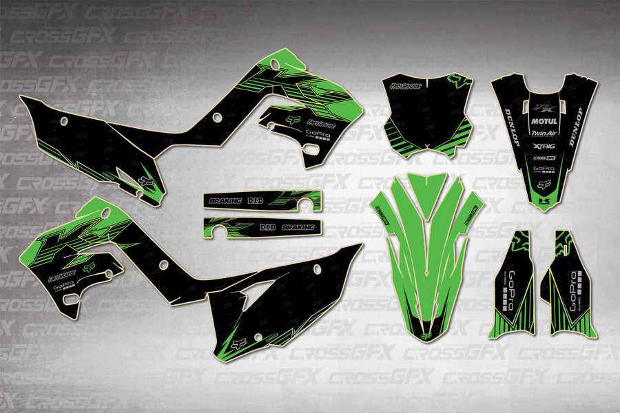 Graphics for Kawasaki KX 250 Polisport 2003-2008 - Peak Green - flat layout showing all decal pieces included