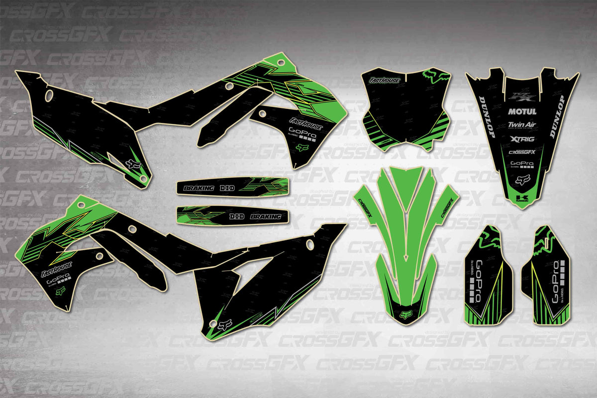 Graphics for Kawasaki KX 250X 2021-2024 - Peak Green - flat layout showing all decal pieces included