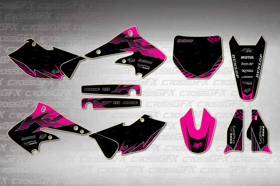 Graphics for Kawasaki KX 250F 2004-2005 - Peak Pink - flat layout showing all decal pieces included