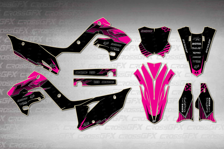 Graphics for Kawasaki KX 250 Polisport 2003-2008 - Peak Pink - flat layout showing all decal pieces included