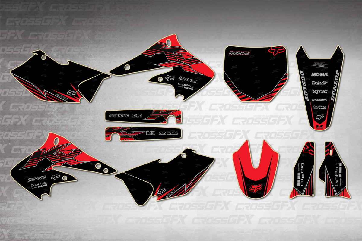 Graphics for Kawasaki KX 250F 2004-2005 - Peak Red - flat layout showing all decal pieces included