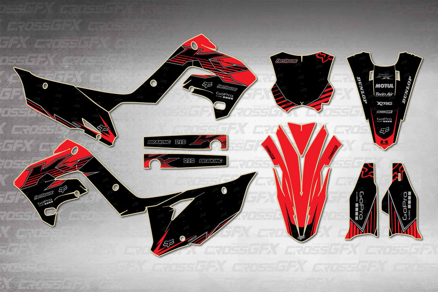 Graphics for Kawasaki KX 250 Polisport 2003-2008 - Peak Red - flat layout showing all decal pieces included