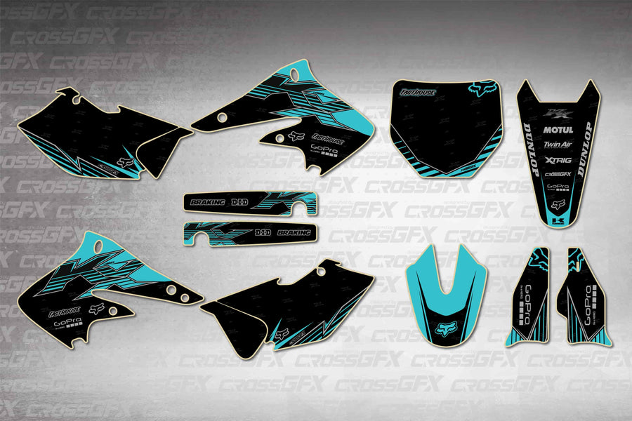 Graphics for Kawasaki KX 250F 2004-2005 - Peak Teal - flat layout showing all decal pieces included