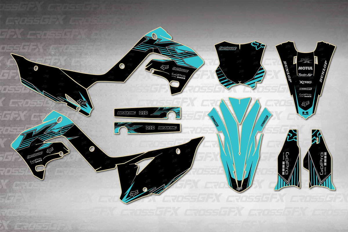 Graphics for Kawasaki KX 250 Polisport 2003-2008 - Peak Teal - flat layout showing all decal pieces included