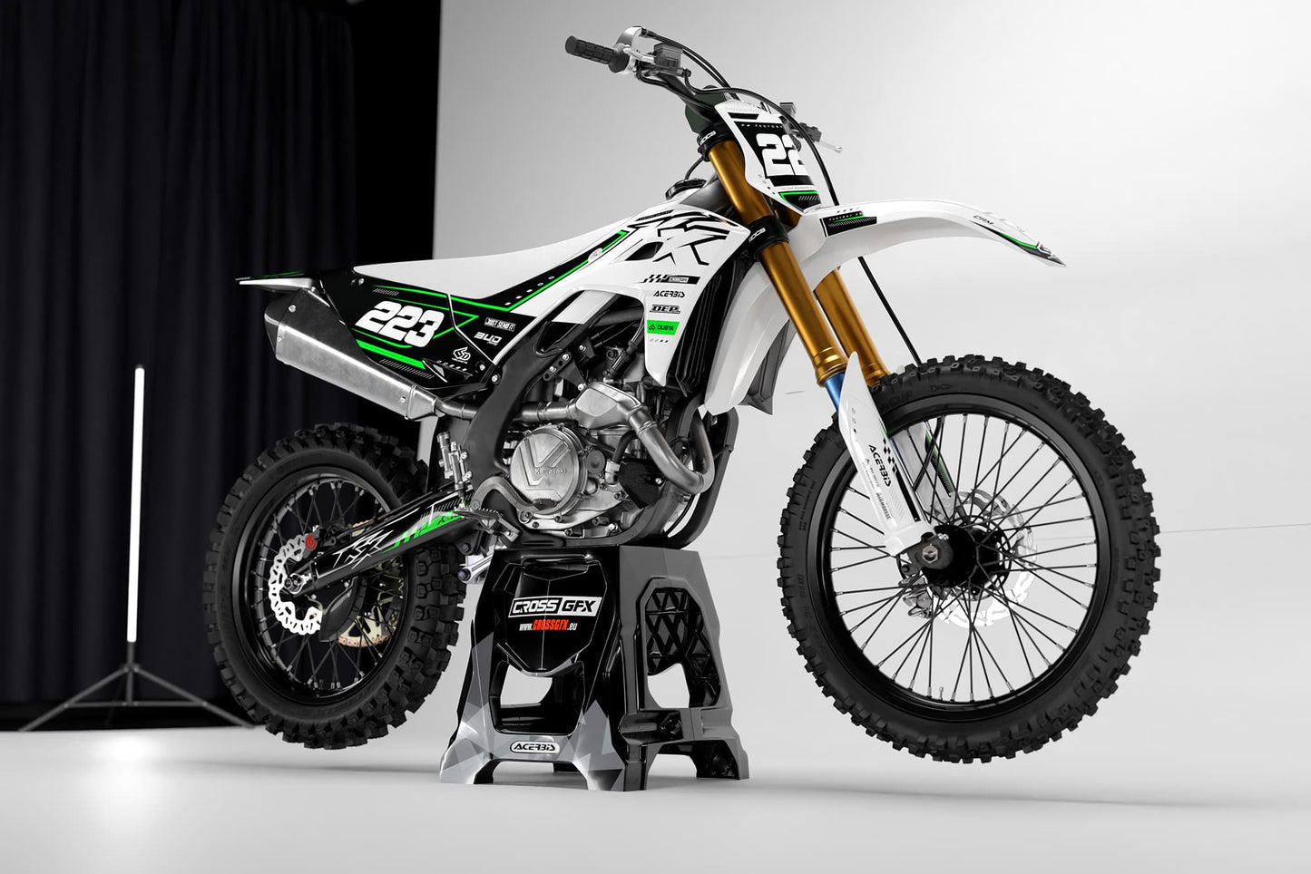 Promotional shot of the Kawasaki Flux White semi-custom graphics details.
