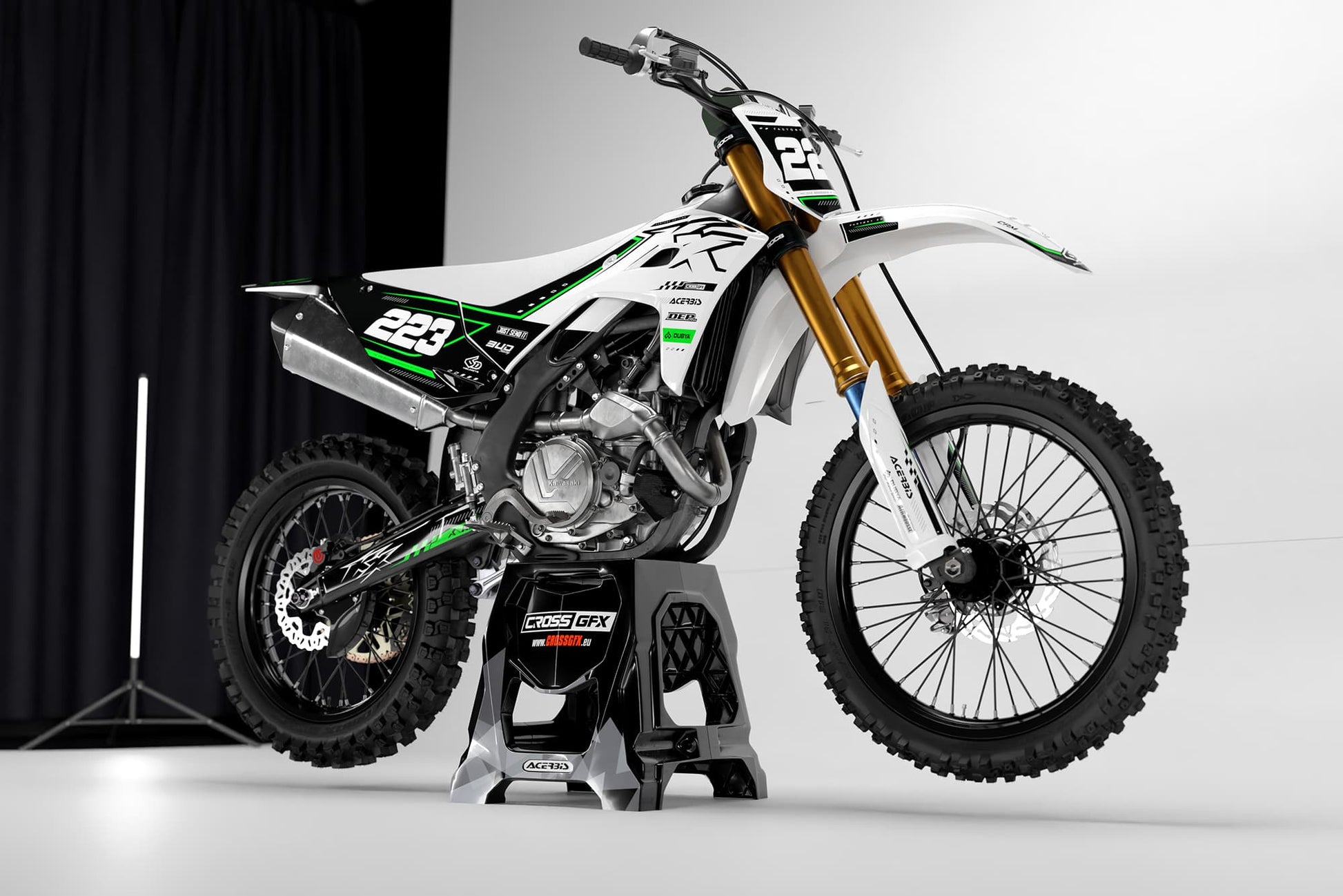 Promotional shot of the Kawasaki Flux White semi-custom graphics details.