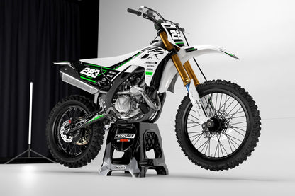 Promotional shot of the Kawasaki Flux White semi-custom graphics details.