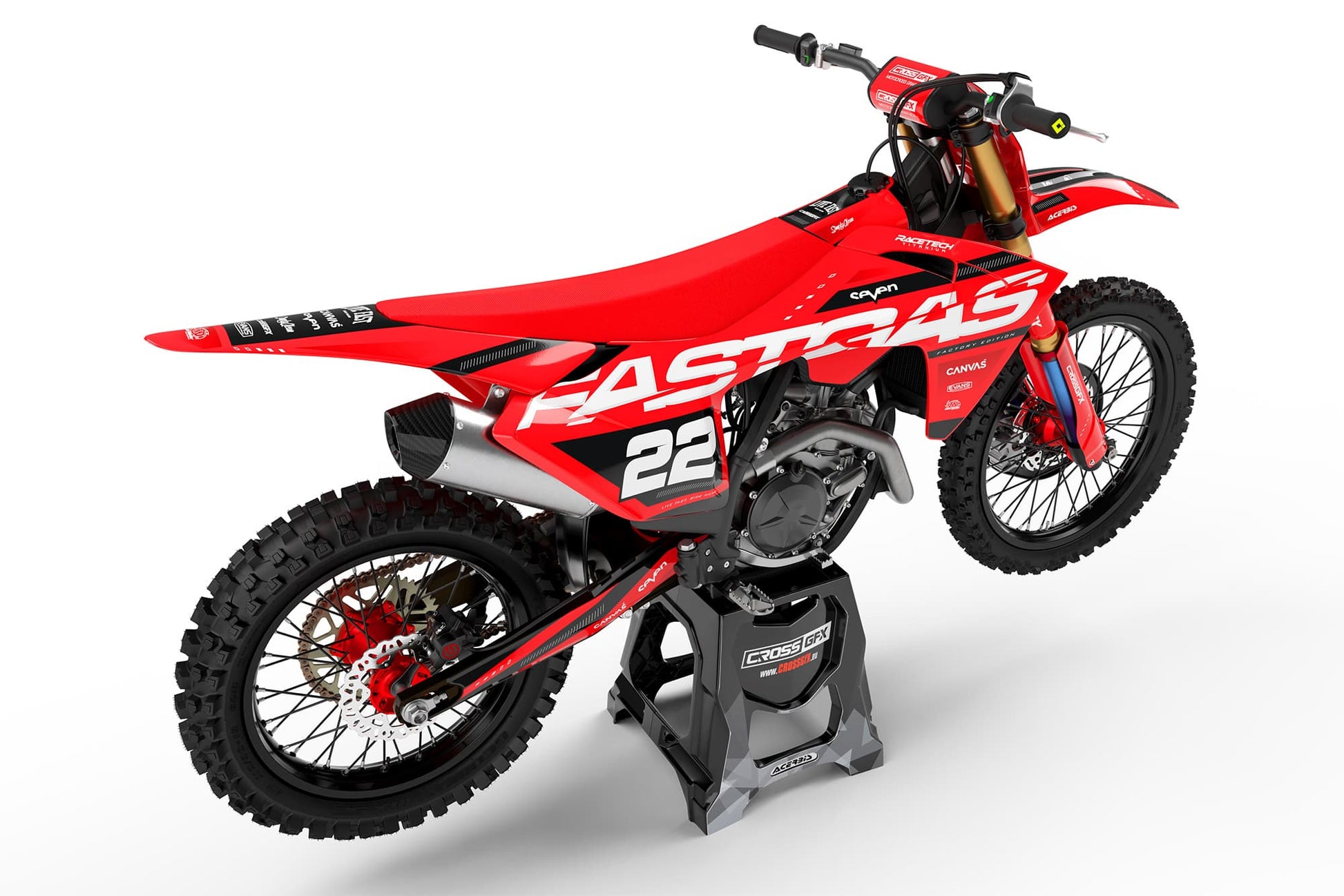 Rear view of the Pulse Red custom decal kit on a GasGas motorcycle.