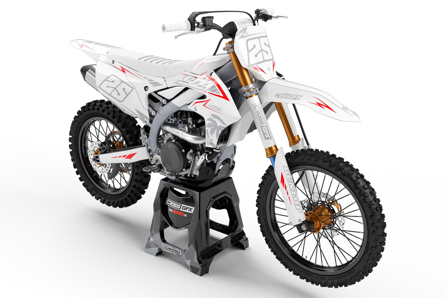 Front view of the Stroke White motocross graphics kit on a Yamaha dirt bike.