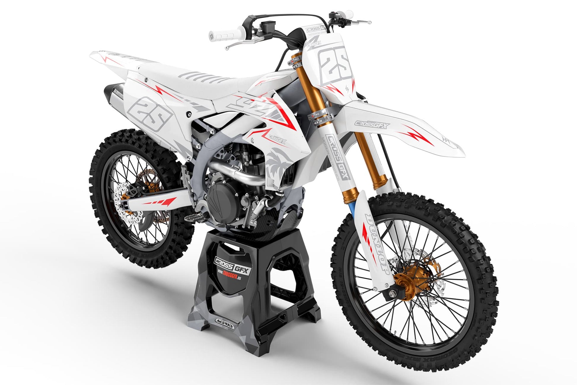 Front view of the Stroke White motocross graphics kit on a Yamaha dirt bike.