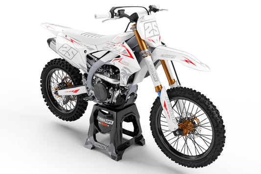Front view of the Stroke White motocross graphics kit on a Yamaha dirt bike.