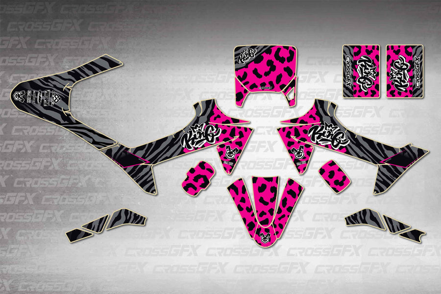 KTM SX-E 2 2024-2026 Panther Pink graphics kit - flat layout showing all decal pieces included