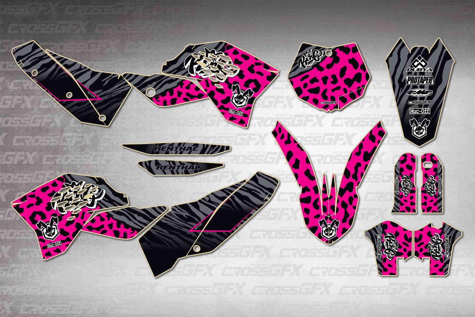 KTM XC 2008-2010 Panther Pink graphics kit - flat layout showing all decal pieces included