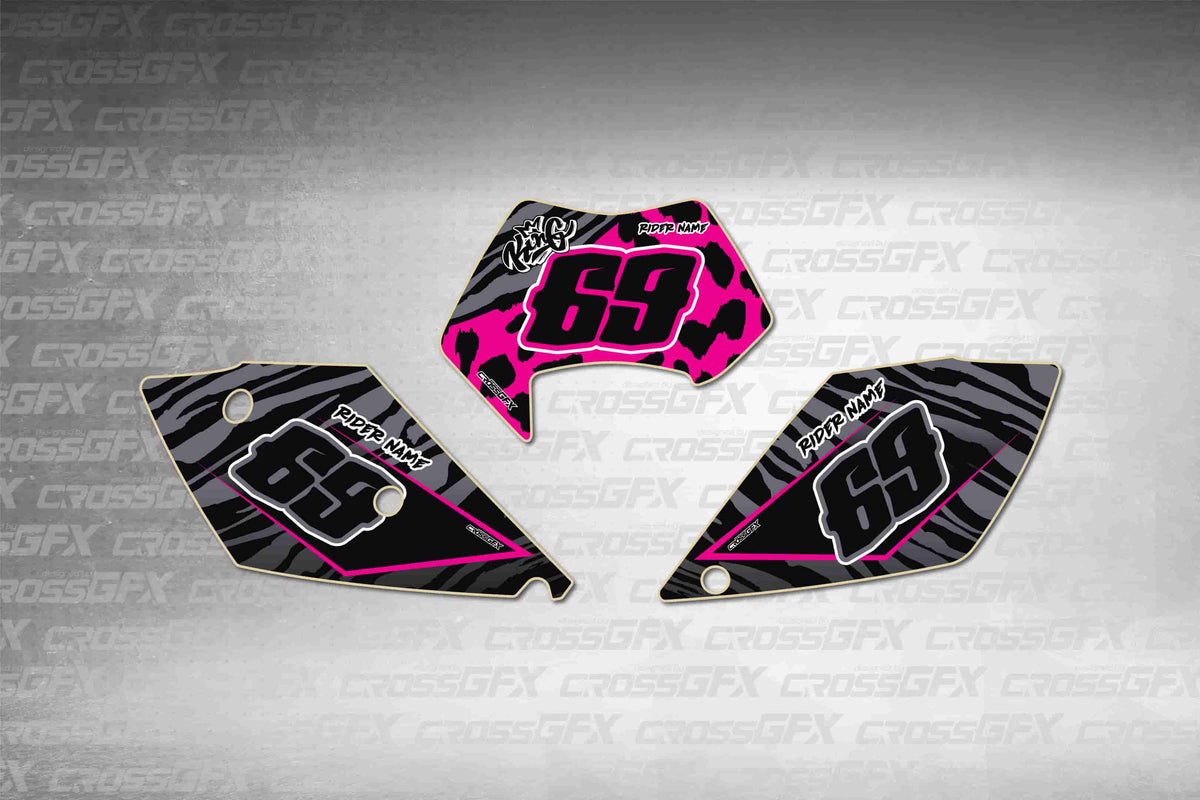 Graphics for KTM EXC 2005-2007 - Panther Pink number plate decals - flat layout showing all pieces included