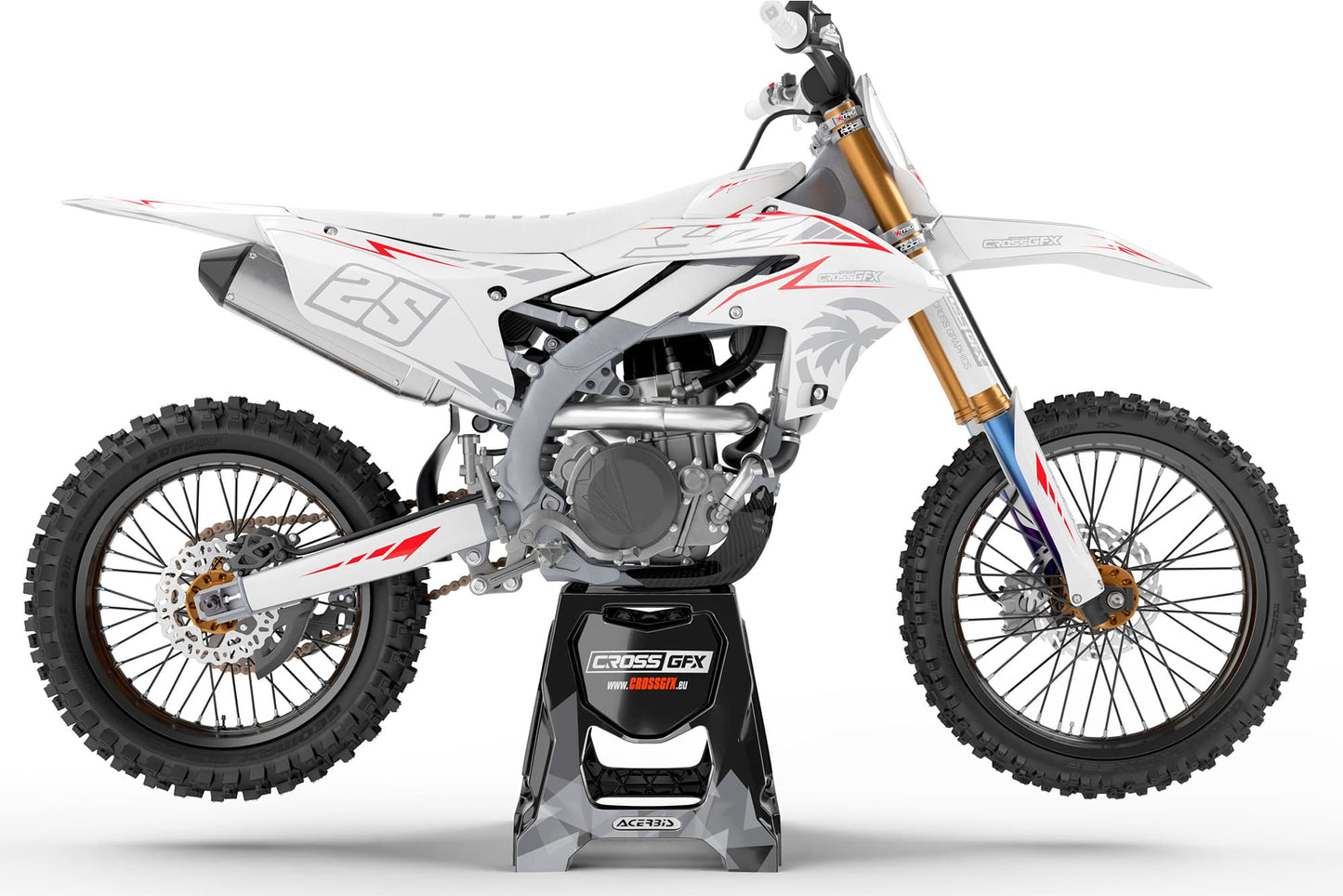 Right side view of the Stroke White off-road decal kit on a Yamaha.