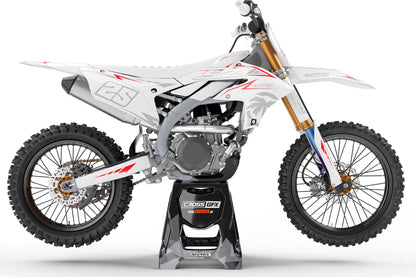 Right side view of the Stroke White off-road decal kit on a Yamaha.