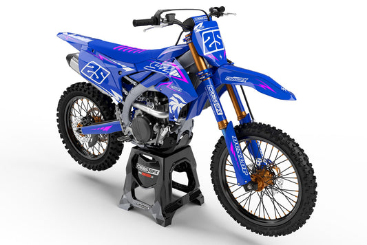 Front view of the Stroke Pink motocross graphics kit on a Yamaha dirt bike.