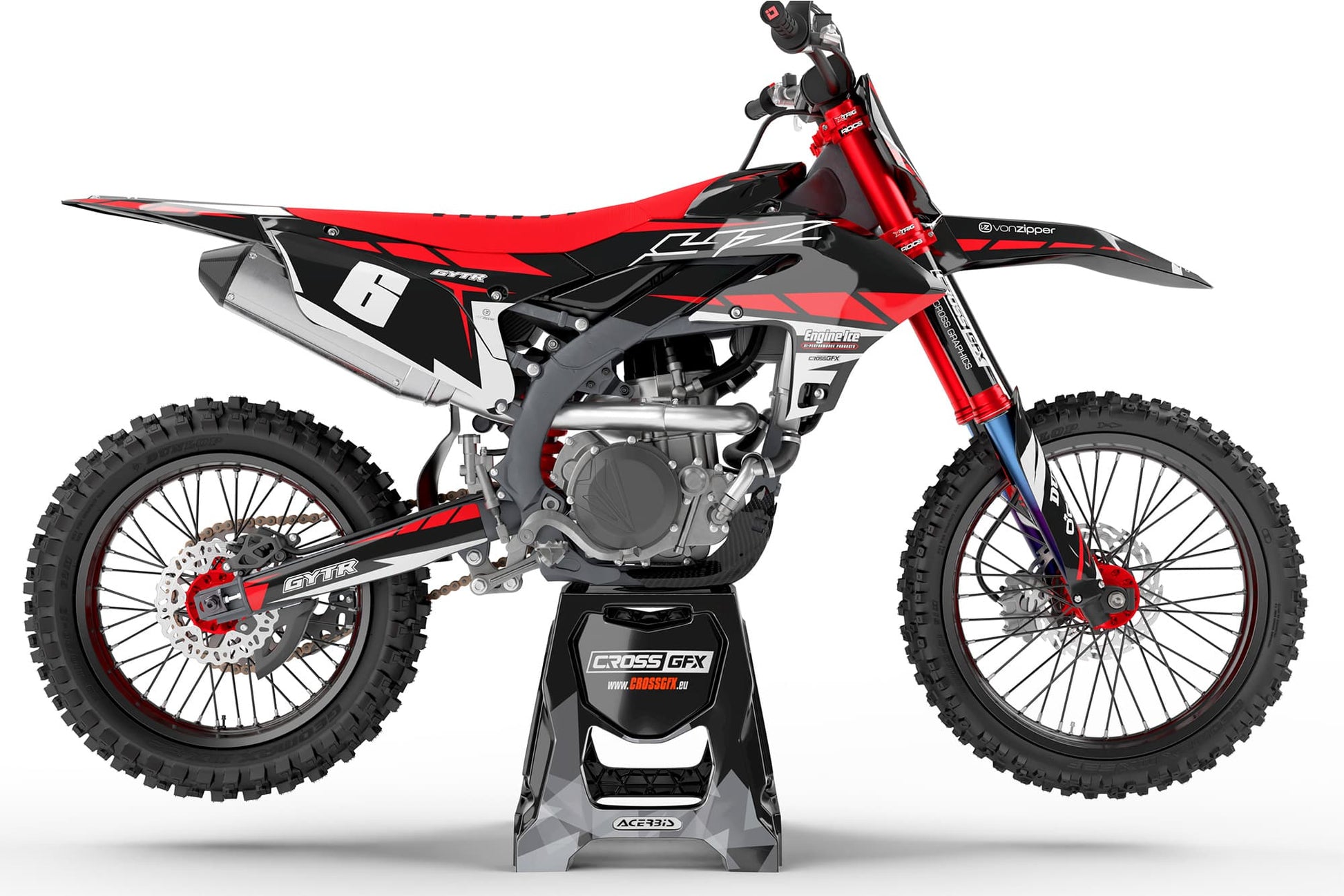 Right side view of the Proline Red off-road decal kit on a Yamaha.
