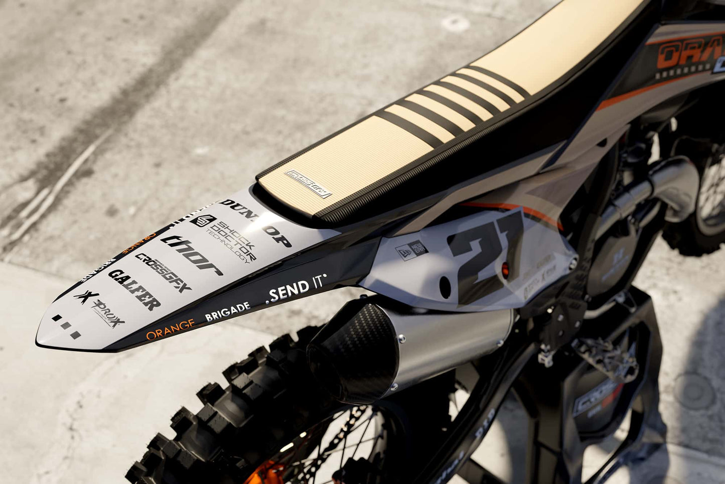 Promotional close-up of the Orange Crew semi-custom graphics kit details.