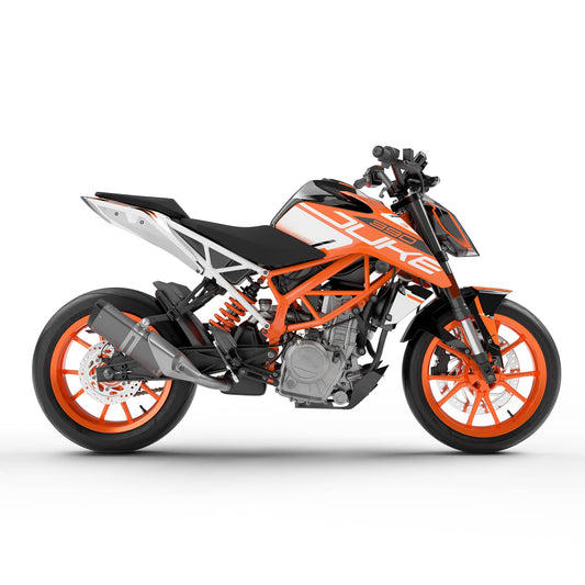 Side view of the Flow Orange graphics kit on a KTM Duke 390.