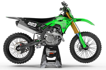 Right side view showing the Flux Green off-road kit on a Kawasaki machine.