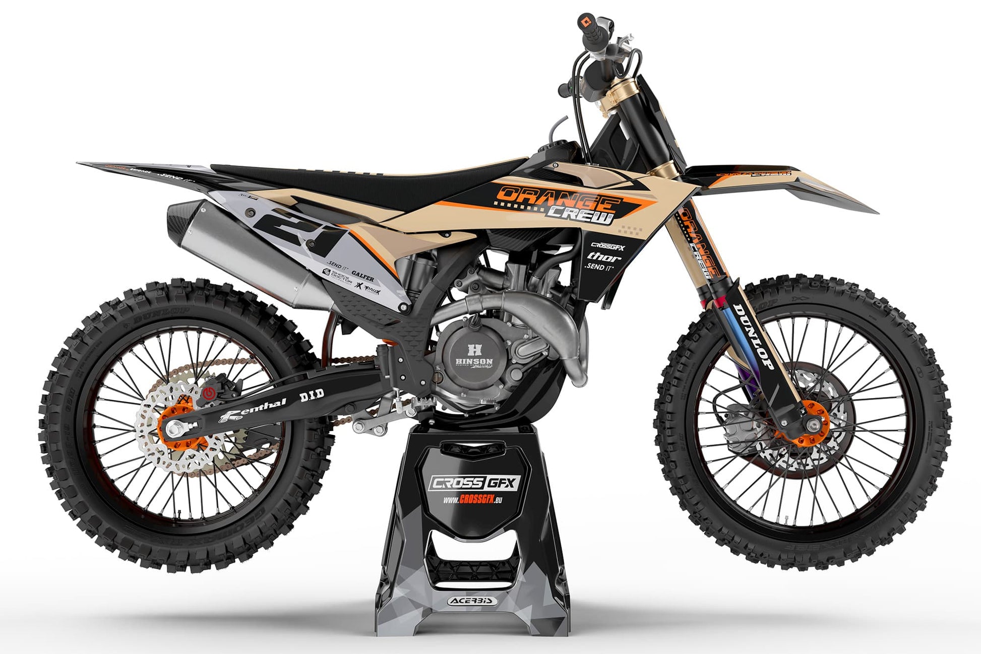 Right side view of the Orange Crew off-road decal kit on a KTM.