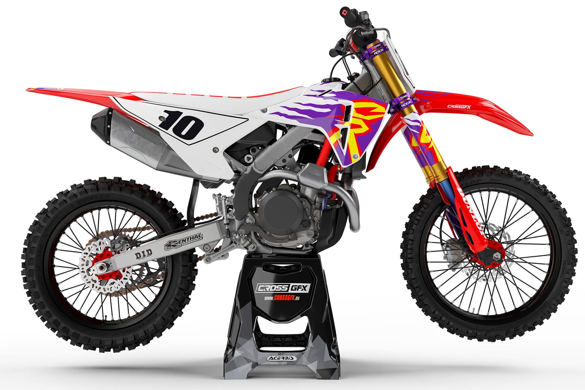 Right side view of the Retro 95 Red off-road decal kit on a Honda.