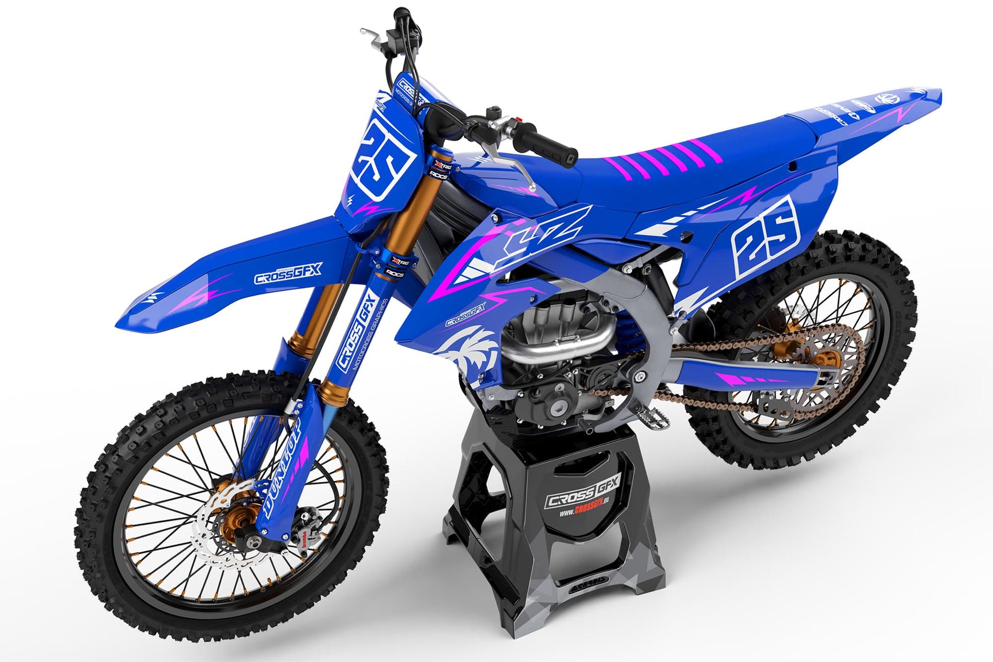 Left side view of the Stroke Pink racing graphics kit on a Yamaha dirt bike.