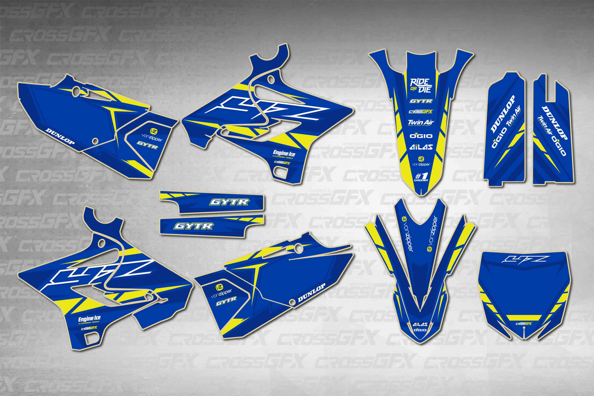 Graphics for Yamaha YZ 125 Polisport 2002-2004 - Proline Blue - flat layout showing all decal pieces included