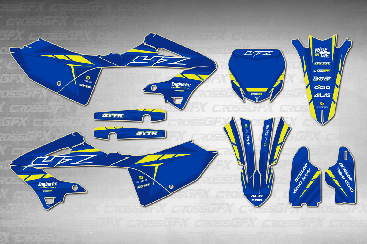Yamaha YZ 125 2005-2007 Polisport 2022 Restyle Proline Blue graphics kit - flat layout showing all decal pieces included