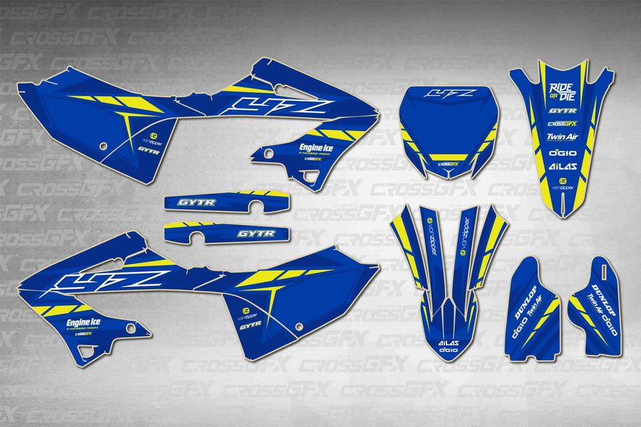 Yamaha YZ 125 2005-2007 Polisport 2022 Restyle Proline Blue graphics kit - flat layout showing all decal pieces included