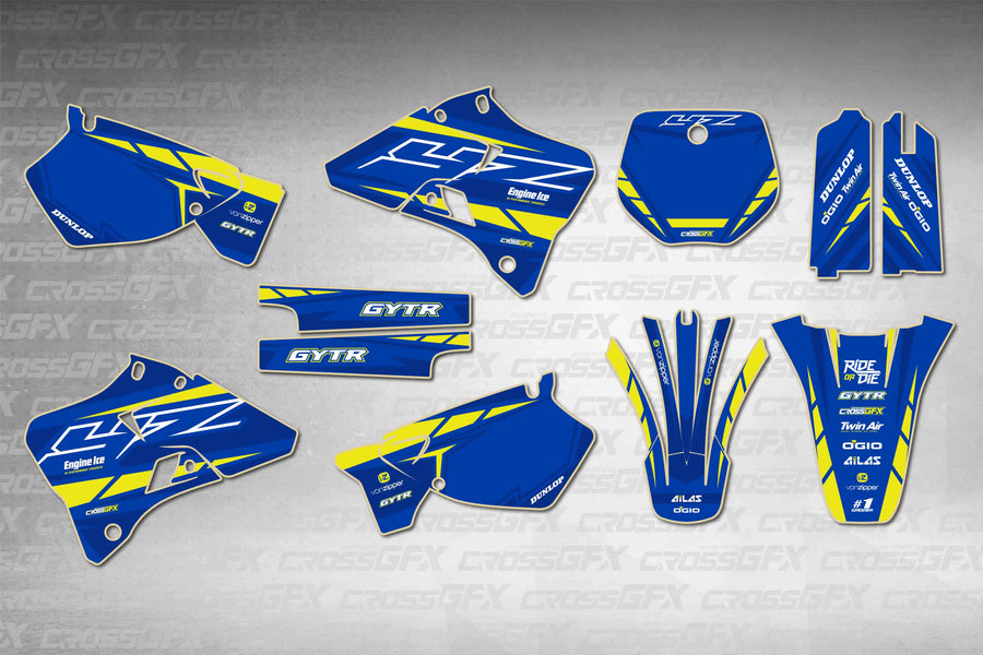 Graphics for Yamaha YZ 250 1996-1999 - Proline Blue - flat layout showing all decal pieces included