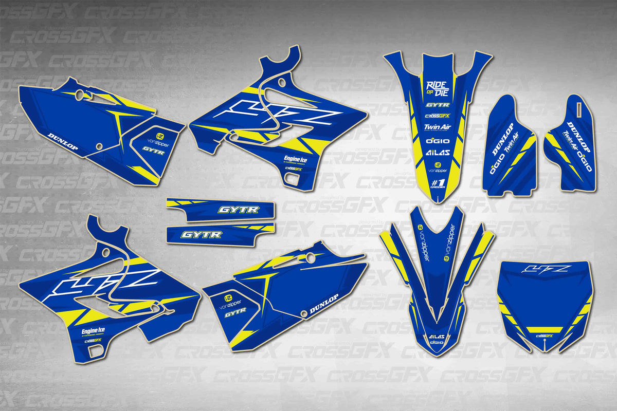 Graphics for Yamaha YZ 250 Polisport 2005-2007 - Proline Blue - flat layout showing all decal pieces included