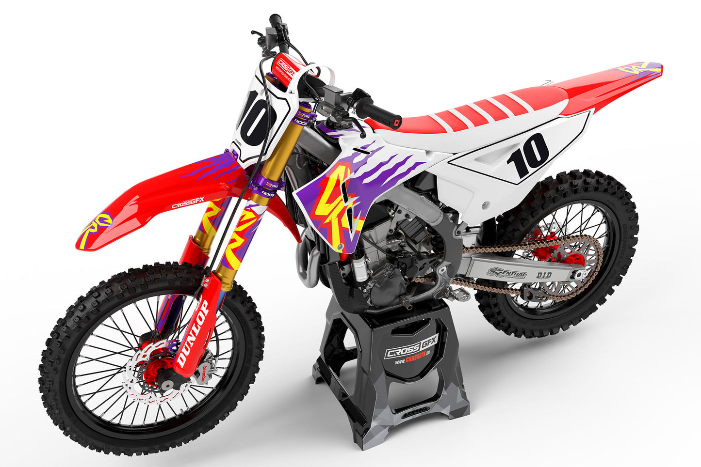 Left side view of the Retro 95 Red racing graphics kit on a Honda dirt bike.