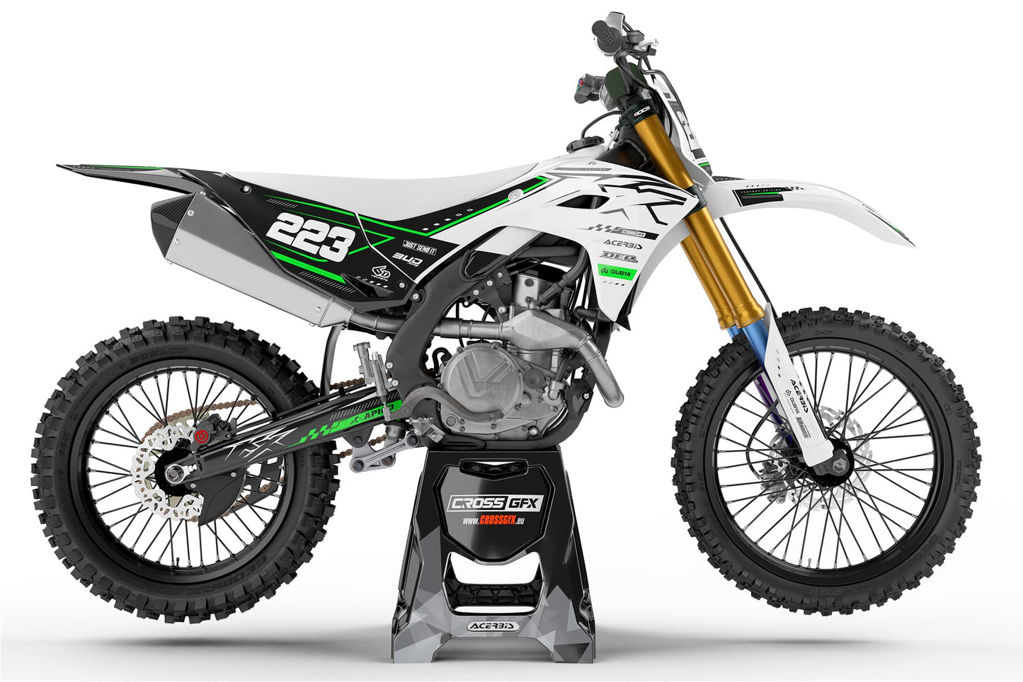 Right side view showing the Flux White off-road kit on a Kawasaki machine.