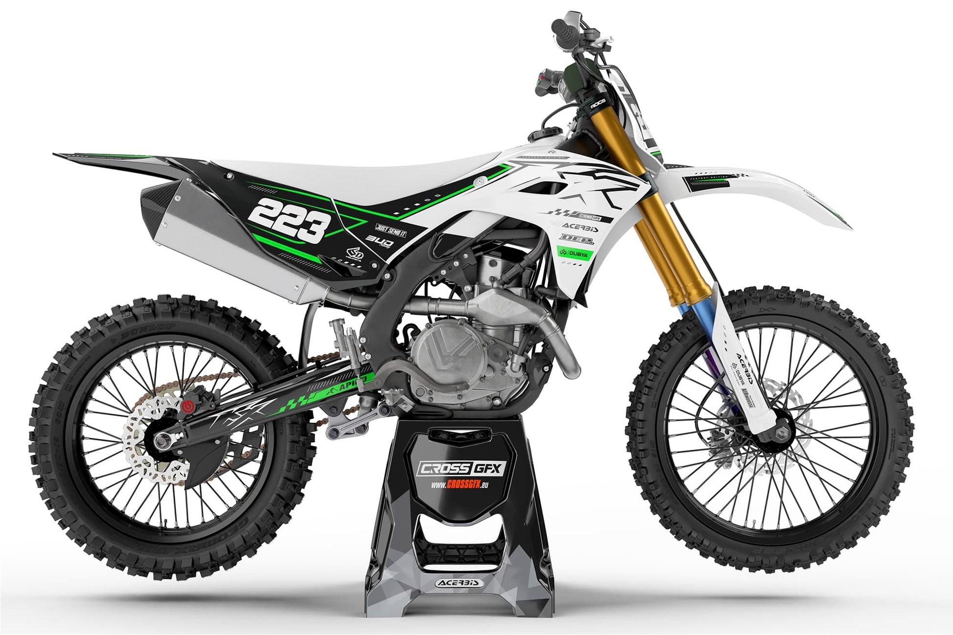 Right side view showing the Flux White off-road kit on a Kawasaki machine.