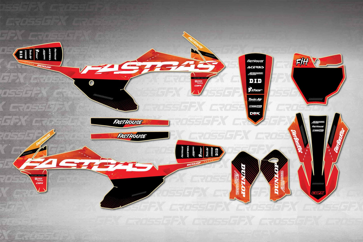 GasGas MC-E 5 2021-2024 Radical Red graphics kit - flat layout showing all decal pieces included