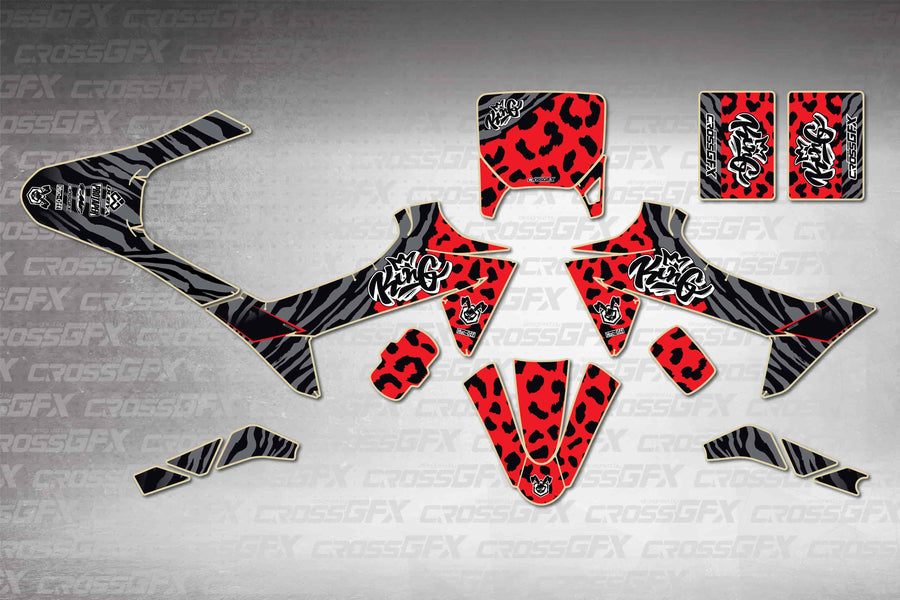 KTM SX-E 2 2024-2026 Panther Red graphics kit - flat layout showing all decal pieces included