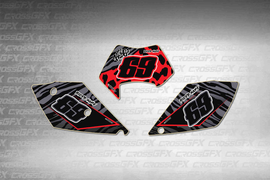 Graphics for KTM EXC 2005-2007 - Panther Red number plate decals - flat layout showing all pieces included