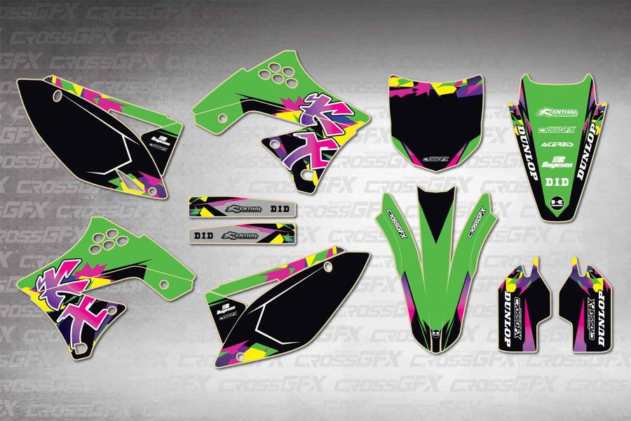 Graphics for Kawasaki KX 250F 2009-2012 - Retro Green - flat layout showing all decal pieces included