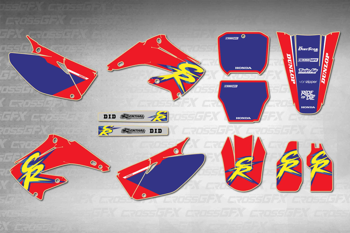Graphics for Honda CR 250R 2002-2007 - Retro 94 Red - flat layout showing all decal pieces included