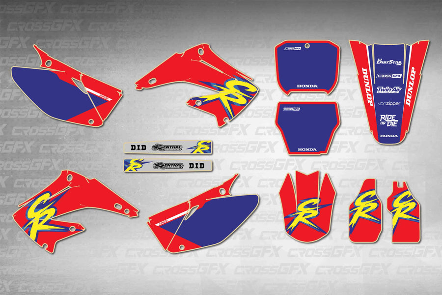 Graphics for Honda CR 250R 2002-2007 - Retro 94 Red - flat layout showing all decal pieces included