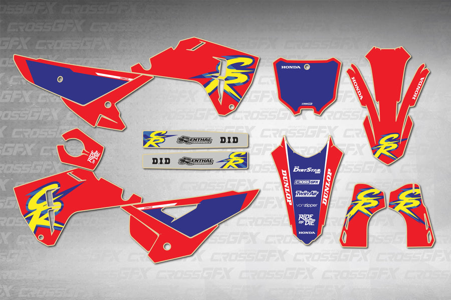 Honda CRF 250R 2025-2026 Retro 94 Red graphics kit - flat layout showing all decal pieces included